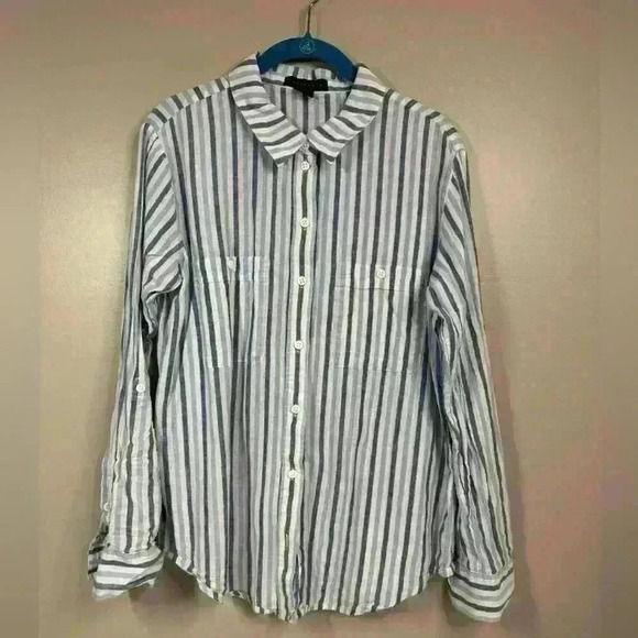 Sanctuary Tops - Sanctuary Womens L Coastal Linen Stripe Shirt Blue White Preppy Tomboy Femme Fit